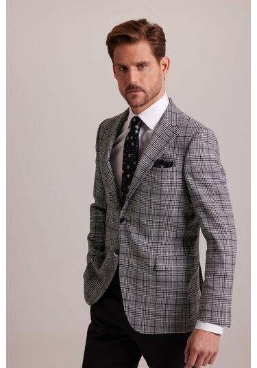 Erkek Gri Kışlık Yünlü Regular Fit Ekose Desenli Tek Ceket 001