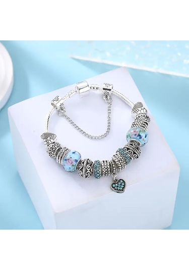 Trend Kalp Aşk Temalı Mavi Charm Bileklik, Ahşap Kutu İçerisin