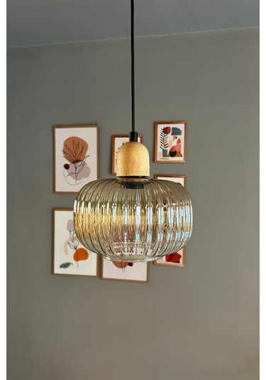 Mola Cam Bal Rengi Tekli Avize Kalın Ahşap Kafa Başlık Retro Sarkıt Lamba Restoran Salon Aydınlatma Bal