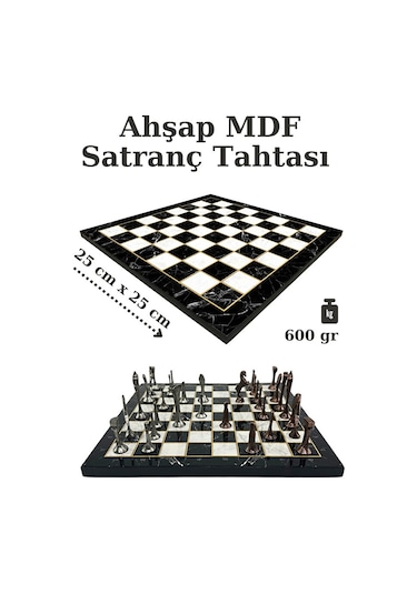 Mc54 - Metal Satranç Takımı - 25cm Mermer Desenli Satranç Tahtası - Sertifikalı Antik Metal Taşlar