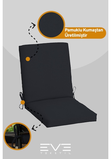 Eve Tekstil Bahçe - Salon - Balkon Arkalıklı Fermuarlı Bağlanabilir Yıkanabilir Sandalye Minderi 10 Adet Siyah