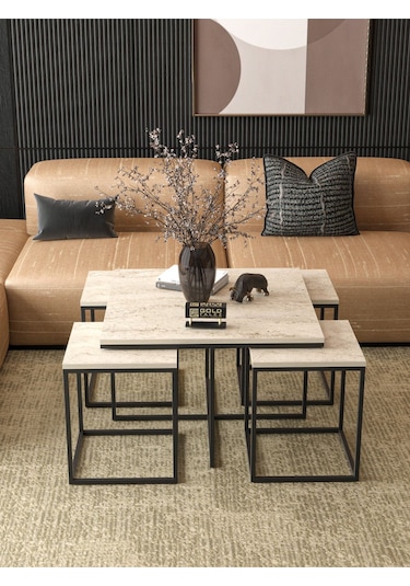 Orta Sehpa Ve Zigon Sehpa 5'li Lüx Set Traverten Bej