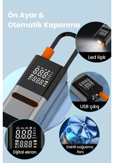 Hava Kompresörü 4000 Mah 4ın1 Şarjlı+araç Taşınabilir Araç Lastik Top Şişirme Pompası Oto Siyah