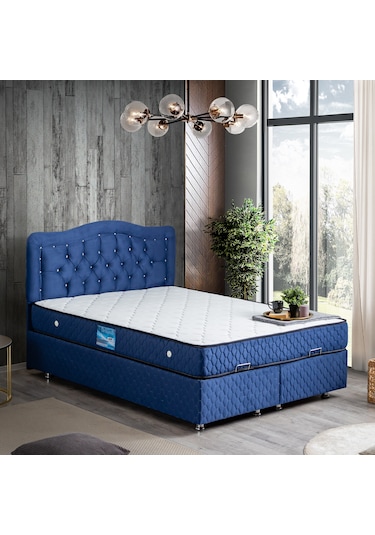 Setaymobilya Baza, Şah Lacivert Çift Kişilik Baza + Başlık + Deluxe Yatak