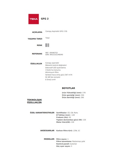 Teka GFG2 SS Gömülebilir Aspiratör 40446753