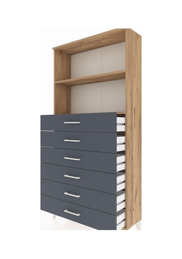 Arges Dolap 2 Raflı 6 Çekmeceli 88x30x182 Çam-antrasit Çam