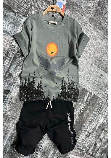 Kartal Desenli Gri Renk Erkek Çocuk Şortlu Takım Gri