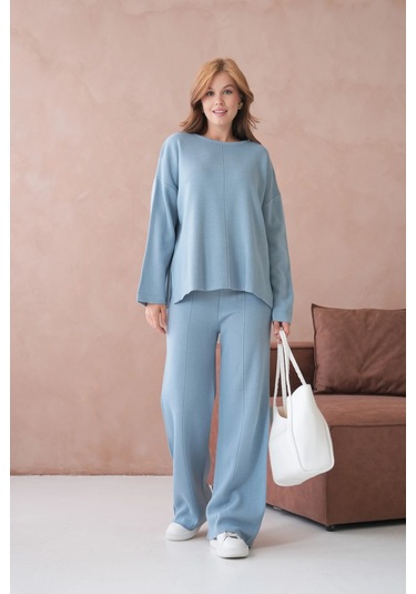 Kadın Bisiklet Yaka Düşük Kol Kazak Pantolon İkili Triko Takım Açık Mavi