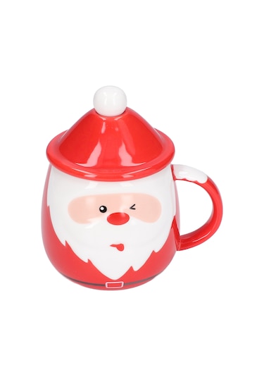 Yaleker Noel Baba Desenli Seramik Bardak, 450ml Kapasite, Kapağı Ve Kaşığı İle, Çay Kahve Süt İçin, Ev Ofis Kullanıma Uygun Diğer