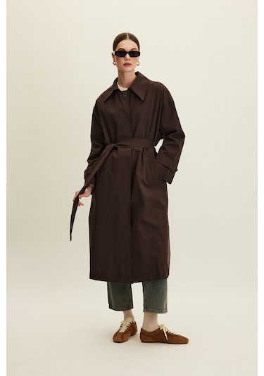 Manuka Kemerli Oversize Gabardin Trençkot Acı Kahverengi