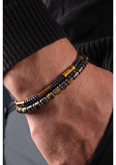 Ssilhoutte Doğaltaş Sertifikalı Kaplangözü Ve Hematit Kombin Doğal Taş Hediye Erkek Bileklik Kahverengi