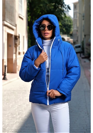Kadın Saks Mavi Su Geçirmez Kapüşonlu Şişme Mont
