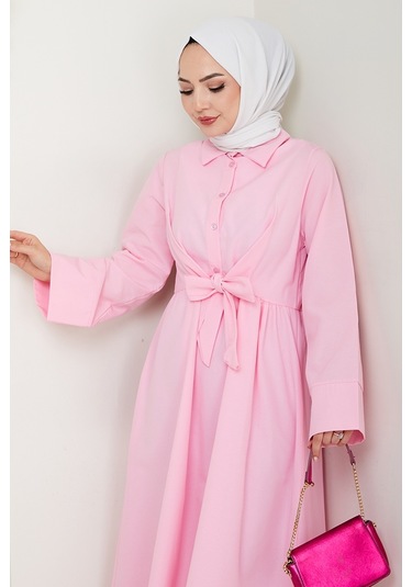 Renda Belden Bağlamalı Elbise 1467 - Pudra Pudra