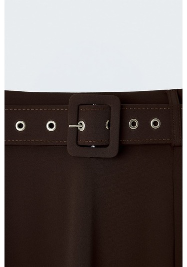 Sateen Kemerli Yırtmaç Detaylı Kloş Etek - Kahve-137414