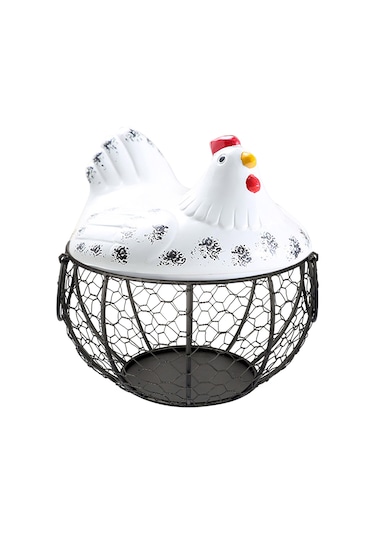 Tavuk Figürlü Yumurta Meyve Tutucu Mutfak Organizer Sepet Beyaz - Siyah