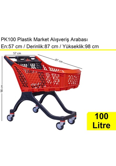 Pk100 Plastik Market Alışveriş Arabası 100 Litre Kırmızı / En:57 Boy:87 Yükseklik:98 Cm