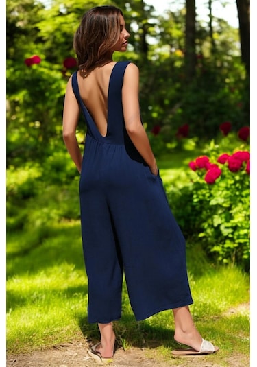 Sırt Detaylı Şık Keten Tulum Lacivert