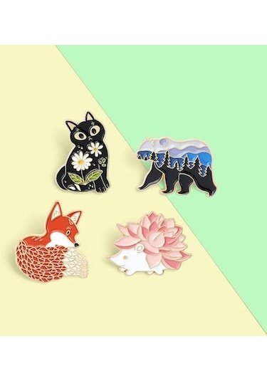 Siyah Emaye Pin Sevimli Ayı Kedi Tilki Şekli Kirpi Broş Seyahat İçin Siyah