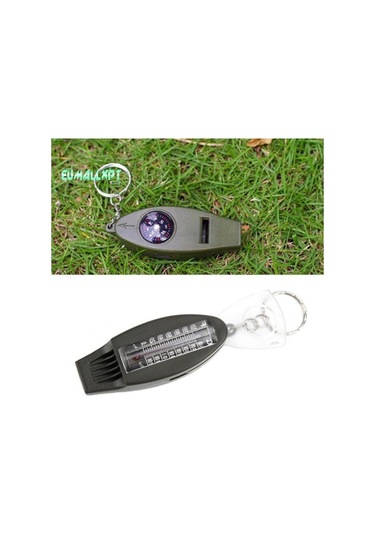 Acil Durum Düdüğü Pusula Büyüteç Termometre Net Ses Anahtarlık Tasarımı 4'ü 1 Arada Siyah