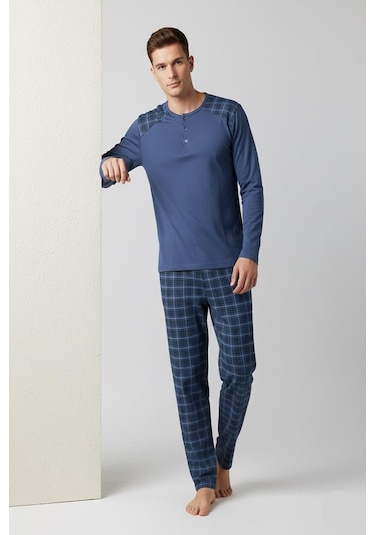 Erkek İnterlok Rahat Kalıp Sıfır Yaka Pamuk Pijama Takımı 6779 Mavi