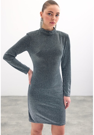 Sateen Parlak Kısa Elbise - Antrasit-135858 Antrasit