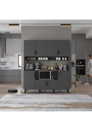 Nora Kahve Köşesi Çok Amaçlı Dolap Kiler Mutfak Dolabı Füme 140cm Antrasit