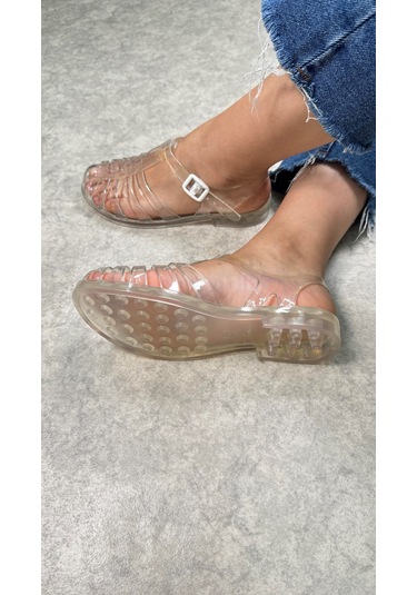 Kadın Çocuk Deniz Ayakkabısı Plaj Havuz Rafting Jel Görünümlü Şeritli Kaydırmaz Taban Sandalet 309 Şeffaf