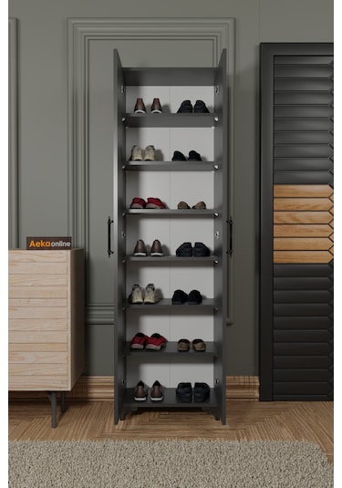 Ae-3085 Selen Antrasit Ayakkabılık, 7 Raflı, Ayaklı, 2 Kapaklı Antrasit