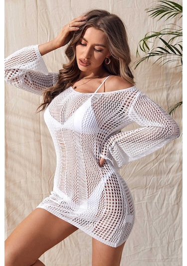 Angelsin Örme Pamuk Uzun Kollu Pareo Plaj Elbisesi Kimono Kaftan 001