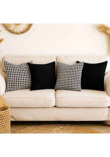 4'lü Kazayağı Desenli Siyah Kırlent Kılıf Seti 4 Al 1 Öde Modern & Bohem Dekoratif Yastık 45 x 45