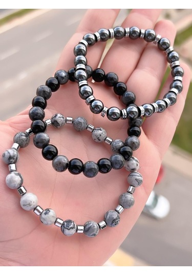 Nursaat 3 Lü Özel Tasarım Unisex Doğal Taş Bileklik Jasper-hematit-onix 08 Renkli
