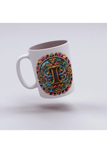 I Harfi Boho Bardak, Renkli Özel Tasarım Hediyelik Harfli Kupa, 330ml Porselen Beyaz