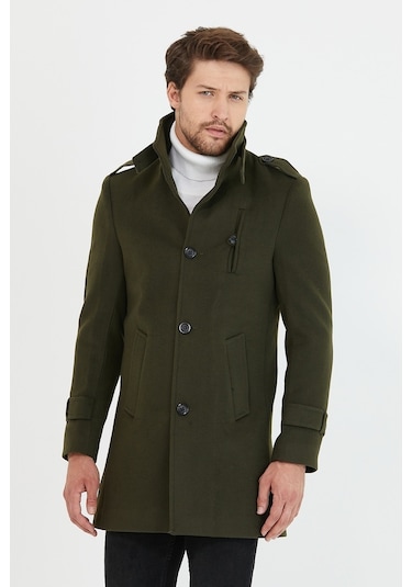 Erkek Haki Dar Kesim Dik Yaka Uzun Kaşe Kaban-Haki