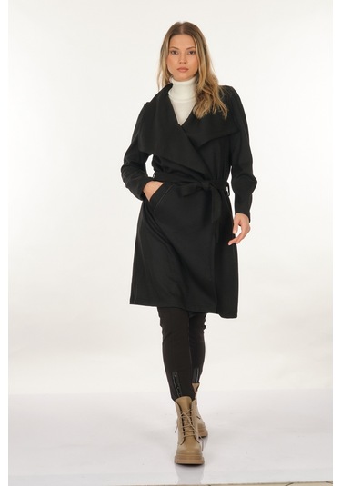 Tdee Concept Kruvaze Yaka Bağlama Detaylı Siyah Kadın Kaban 22295004 001