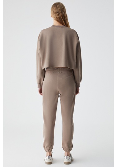 GLORYY Kadın Comfort Fit Baskı Detaylı Lastikli Paça Organik Pamuklu Açık Kahverengi Alt-Üst Takım