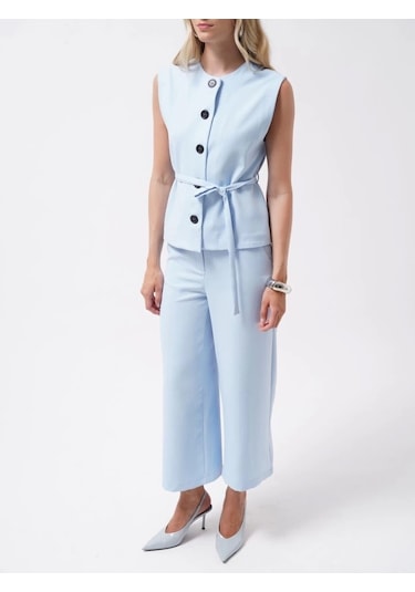 Kuşaklı Dokuma Yelek Mavi