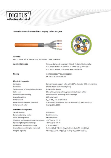 Digitus Category 7 Cat. 7 S/ftp Pımf Pairs İn Metal Foil Data Kablosu 100 Mt