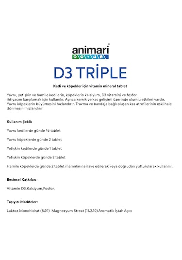 Animari D3 Triple Kedi ve Köpekler İçin Vitamin D3 Kalsiyum