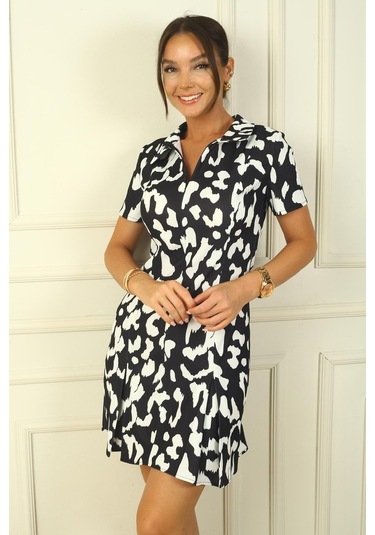 Önü Fermuarlı Leopar Desenli Pile Detay Krep Elbise-38545-siyah