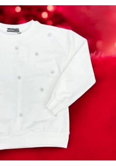 Kız Çocuk Pamuklu İnci İşlemeli İnce Sweatshirt-15007 Ekru