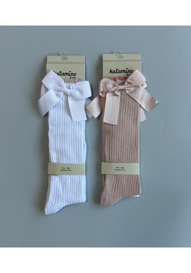 Kurdelalı Dizaltı 2'li Kız Çocuk Çorap Seti Pembe
