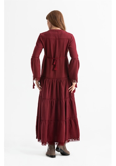 Uzun Kol Seçil Pazen Uzun Elbise Bordo Brd Bordo