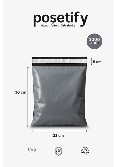 Gri Cepli Kargo Poşeti 24x30+5 Cm Yapışkan Bantlı Gönderi Zarfı 1000 Lü E-ticaret Poşeti
