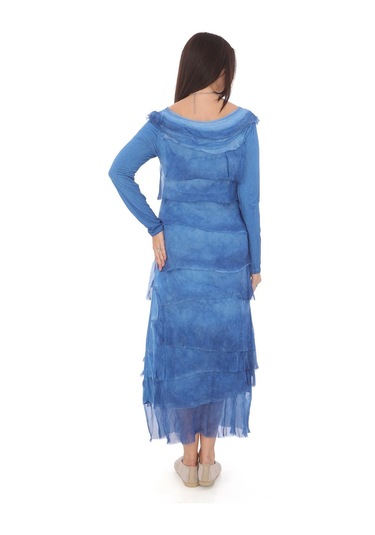 Italyan 2 Beden İnce Gösteren Kat Kat Uzun Kol Taşlanmış İpek Elbise Mavi