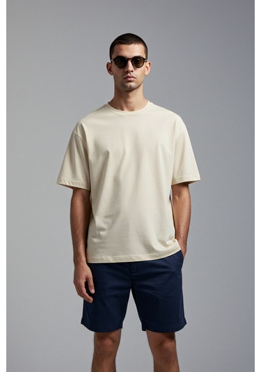 Erkek Oversize Basic Tişört Unisex %100 Pamuk Rahat Kalıp Krem