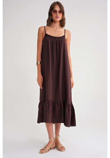 4740 Kadın Askılı Müslin Midi Elbise Kahve Kahve
