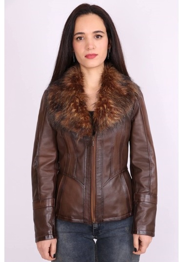 Kahverengi Hakiki Deri Çıkarılabilir Kürk Yakalı Mont Kaban