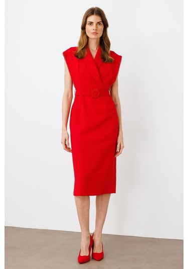 Moda İlgi Kadın Kol Ağzı Boncuk Aksesuar Detaylı Elbise 0015 Kırmızı Kırmızı