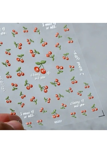 Güzel Kırmızı Meyve Çilek Kiraz Ilmek Aşk Kalp Yıldız İpek Kurdele 5d Nail Art Çıkartmalar Şık Kendinden Yapışkanlı Manikür Çıkartması Açık Haki