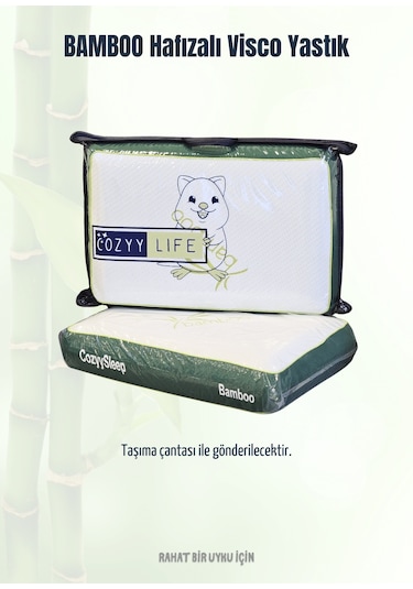 Visco Bamboo Yastık Boyun Fıtığı Boyun Düzleşmesi Destekli Lüks Yastık Taşıma Çantalı